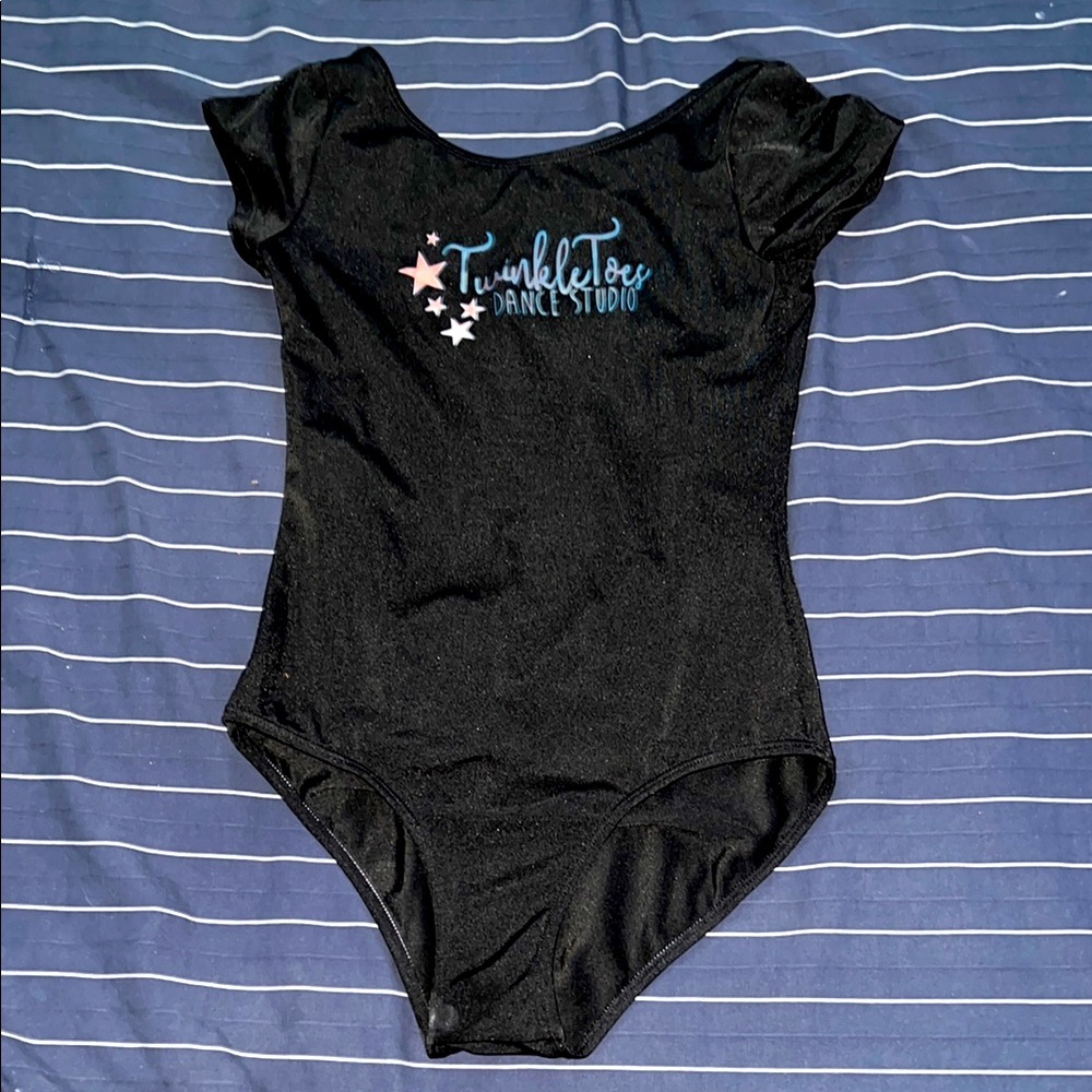 Black Dance Leotard with Twinkle Toes Logo and sparkly blue tutu.